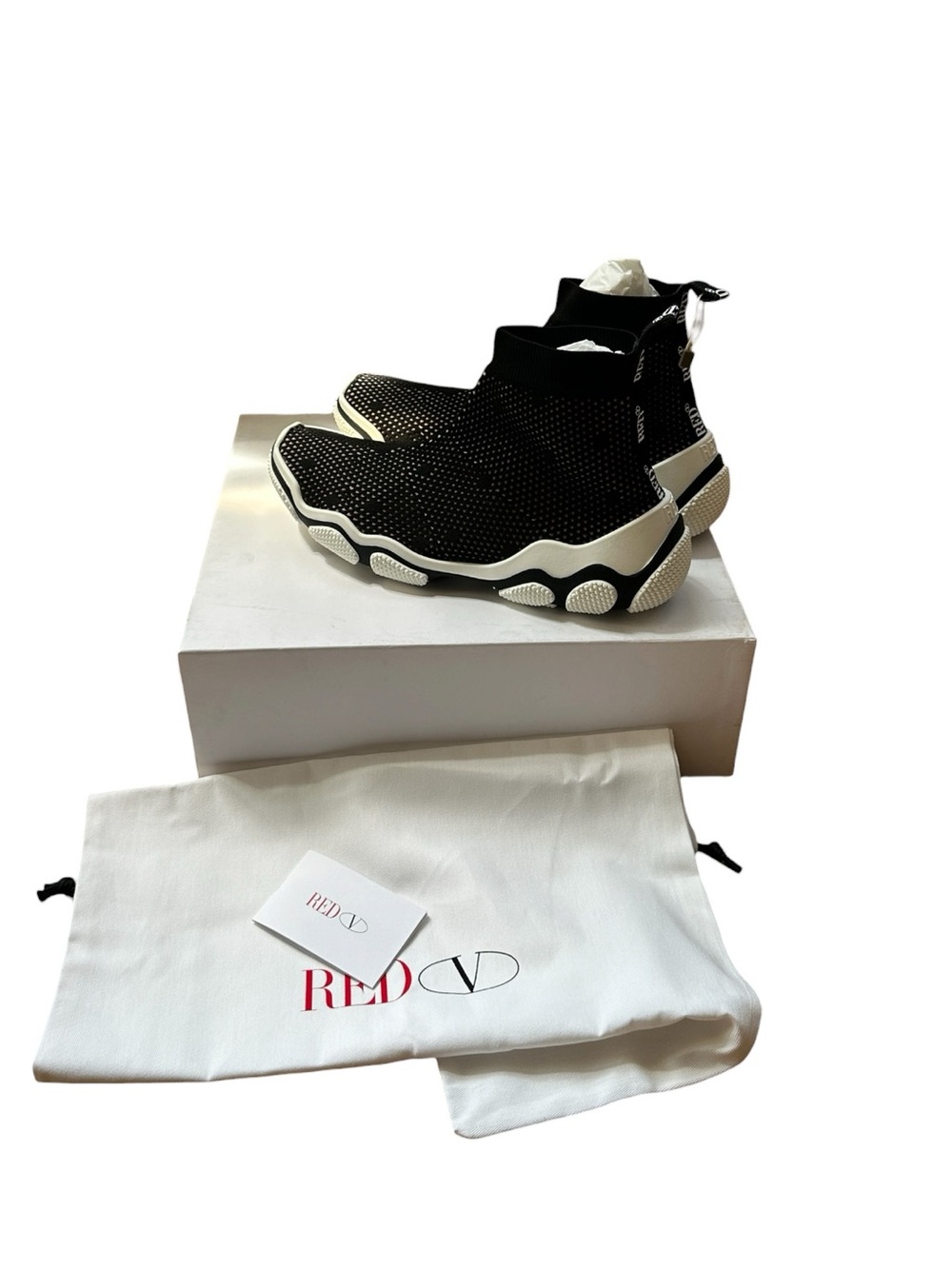 RED Valentino Red (V) Glam Run Sock Sneakers EU 40 Black Knit Slip On NIB